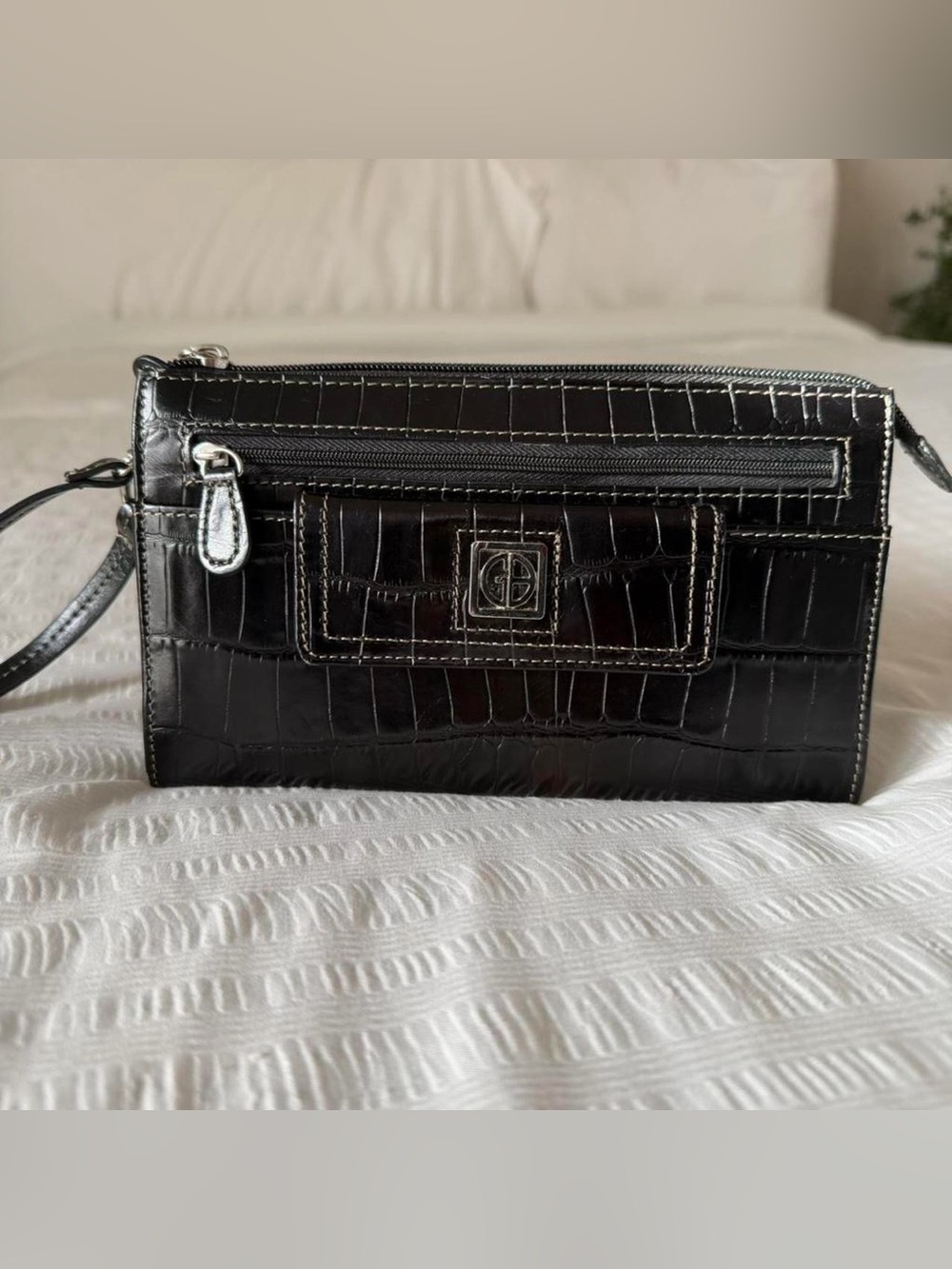 Giani Bernini Black Croc-Embossed Wristlet with Silver Accents